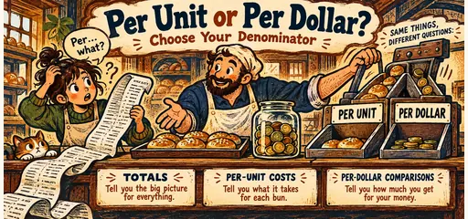 Woodblock bakery comic of a puzzled student with a long receipt and a tutor comparing buns and coins under per-unit and per-dollar labels.