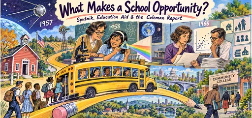 Hand-drawn Sputnik satellite, science teacher and student with a prism, school bus traveling along a pencil, community college commuter, and researchers comparing educational opportunity.