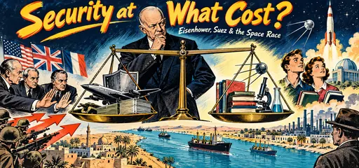 Hand-drawn Eisenhower weighing military deterrence against civilian science and education, with Suez Canal diplomacy, Sputnik, students, and the space race.