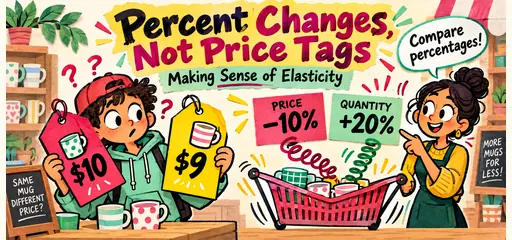 Cut-paper comic of a student and tutor comparing 10-dollar and 9-dollar price tags with a 10-percent price reduction and 20-percent quantity increase beside a stretching shopping basket.