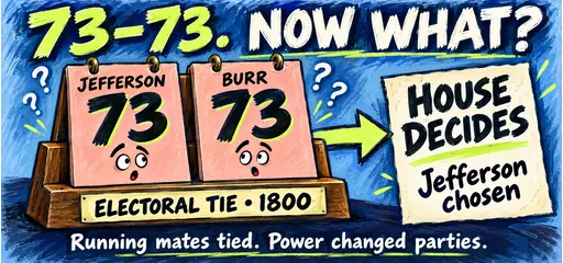 Hand-painted comic tally cards show Jefferson and Burr tied at 73 electoral votes, followed by the House choosing Jefferson and a change in party control.