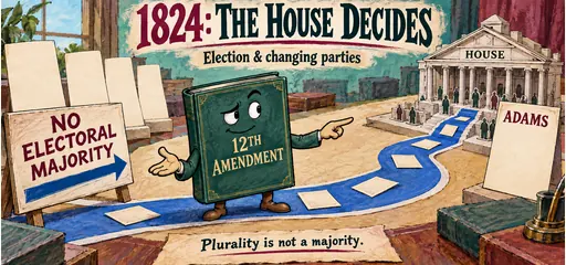 Hand-drawn Twelfth Amendment rulebook points from no electoral majority along a paper route to a House model and Adams card, explaining the 1824 constitutional procedure.