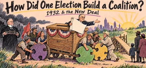 Hand-drawn Roosevelt leads a ballot-box wagon as workers and farmers assemble mismatched puzzle wheels, while a Black family approaches an unfinished ramp representing the evolving New Deal coalition.