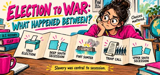 Fuchsia and turquoise marker comic of a student studying an accordion chronology from the 1860 election through Deep South secession, Fort Sumter, the troop call and Upper South secession.