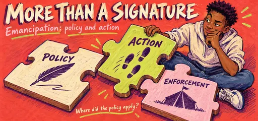 Coral folk-art comic of a history student assembling policy, action and enforcement puzzle pieces, with a question about where emancipation policy applied.