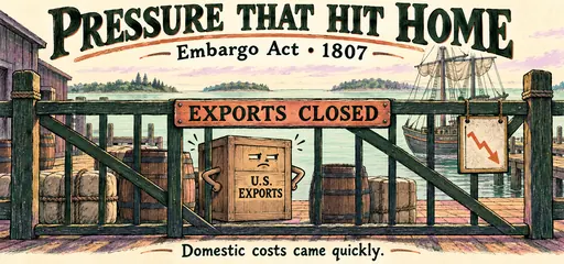 Hand-drawn export crate waits behind a closed harbor gate, illustrating the rapid domestic costs of the Embargo Act of 1807.