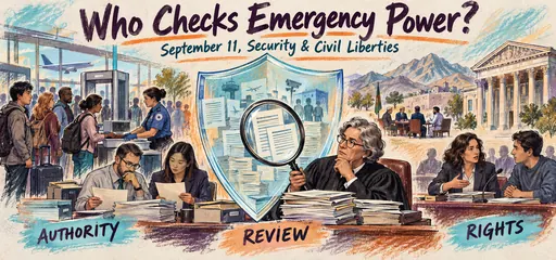 Hand-drawn pastel comic of airport screening, investigators comparing records, a judge reviewing security authority, and an advocate with a civilian at a hearing.