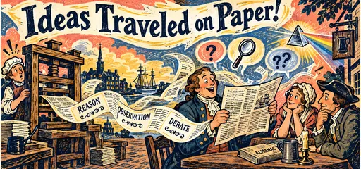 Linocut-style comic shows a colonial press sending reason, observation, and debate toward a shared newspaper reading, with a magnifying glass and prism.