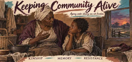 Hand-lettered graphite and gouache illustration of a Black elder sharing oral memory with a child, with a constrained rice-plantation landscape beyond the window.
