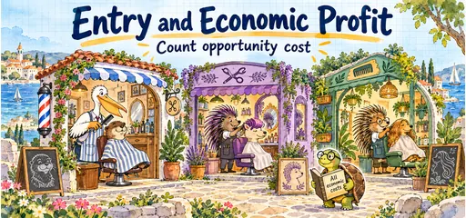Watercolor comic of a pelican barber and new porcupine stylists offering differentiated services, with a tortoise accountant checking all economic costs.