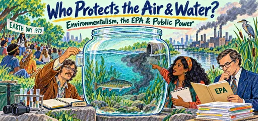 Hand-drawn comic of a magnified river ecosystem and pollution plume, a sampling scientist, community organizer, EPA regulator, and 1970 Earth Day teach-in.