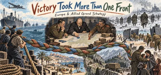 Hand-drawn braided rope connects Atlantic convoys, Allied planning, North African and Italian routes, Normandy logistics, the Soviet advance, and aid to liberated civilians.