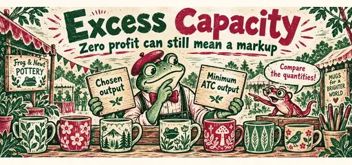 Two-color linocut comic of a frog potter comparing chosen output with minimum-ATC output while a newt points out the quantity comparison among differentiated mugs.