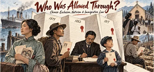 Sepia brush-pen comic of Chinese immigrants holding family correspondence and residence records, a community legal advocate and U.S.-born child, folded immigration-law barriers, and a Catholic family and contract laborer.