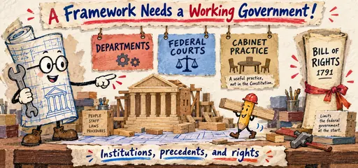 Paper-collage handwritten comic of a blueprint building federal institutions beside department, federal court and cabinet-practice cards and the 1791 Bill of Rights.