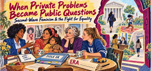 Hand-drawn comic of women comparing work, care, and choice around a table, with Title IX, an unratified ERA proposal, and access to law, education, employment, and care.