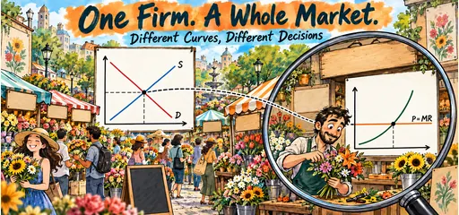 Hand-drawn firm and market comic contrasting a flower market supply and demand diagram with a magnified individual florist facing a horizontal price and marginal revenue line.