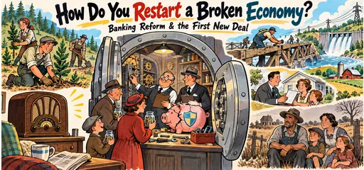 Hand-drawn bank-vault repair scene shows Roosevelt restoring confidence, insured savings, a fireside-chat radio, conservation workers, public construction, and a struggling farm family during the First New Deal.