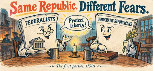 Handwritten comic of Federalist and Democratic-Republican newspapers debating how to protect liberty in the 1790s.