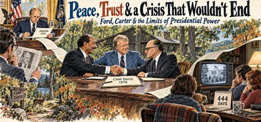 Hand-drawn comic of Ford’s 1974 pardon, Carter mediating the 1978 Camp David agreement between Sadat and Begin, and families following the Iran hostage crisis.