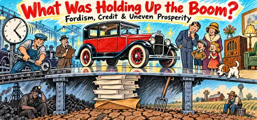 Hand-drawn assembly-line car and eager consumers sit above a cutaway floor supported by payment coupons and a wage envelope, with a struggling farmer and coal miner showing uneven prosperity.