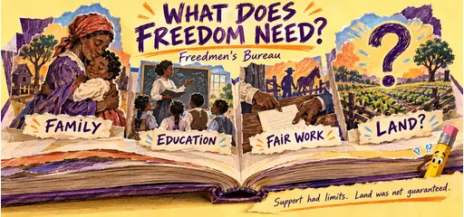 Plum and orange hand-drawn pop-up book showing freedpeople’s priorities of family, education, fair work and access to land, with a reminder that Bureau support had limits and land was not guaranteed.