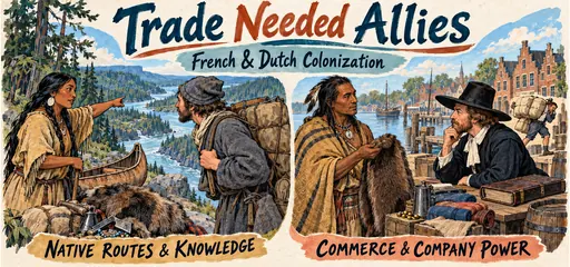 Brush-pen and gouache comic pairs an Indigenous woman guiding a French trader along a river with an Indigenous trading partner negotiating goods at a Dutch wharf.