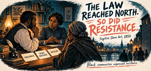 Teal ink-wash comic of Black community members organizing vigilance, legal defense and rescue in response to the Fugitive Slave Act of 1850.