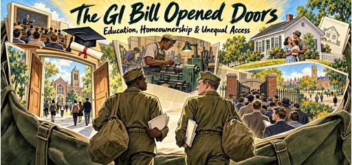 Hand-drawn veterans with a duffel bag unfolding into college, vocational training, and homeownership scenes, showing GI Bill opportunities and unequal institutional access.