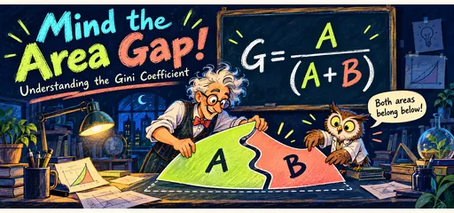 Chalk comic of a tutor and an owl fitting area pieces A and B beside the Gini formula A divided by the sum of A and B.