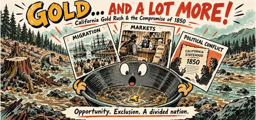 Hand-drawn comic of a surprised gold pan with migration, markets, and California statehood clues during the Gold Rush and Compromise of 1850.