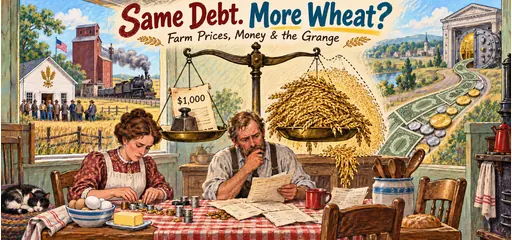 Pastel and ballpoint comic of a farm couple balancing a fixed mortgage against more wheat, household egg and butter income, a Grange meeting and competing paper, silver and gold money.