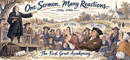 Brush-pen comic depicts an itinerant colonial preacher with interested New Lights and skeptical Old Lights, showing differing responses to revival preaching in the 1730s and 1740s.