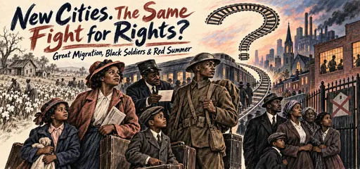 Charcoal-and-chalk comic of a Black family, porter and returning soldier traveling from southern farmland toward northern industry, with question-mark tracks and a housing barrier.