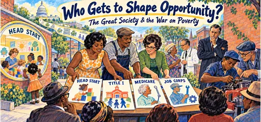 Hand-drawn neighborhood meeting with residents planning Head Start, Title I school aid, Medicare, and Job Corps, alongside a preschool classroom and skills training.