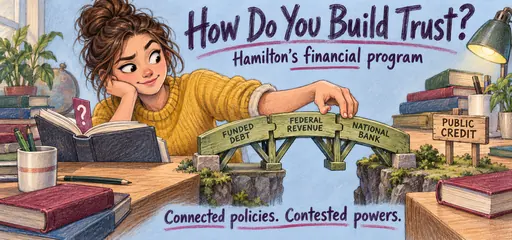 Colored-pencil handwritten comic of a history student assembling a public-credit bridge from funded debt, federal revenue and a national bank.