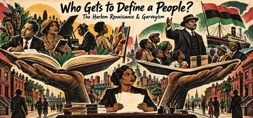 Hand-drawn hands lift Harlem writers, a pianist, and painter from an open book beside Garvey addressing a crowd with a Black Star Line ship, contrasting cultural self-definition and mass political organization.