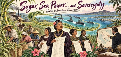 Reed-pen and gouache comic of Queen Liliuokalani and Native Hawaiian petition organizers, plantation workers, sugarcane curling into a sea route, and a naval strategist examining Pacific bases.