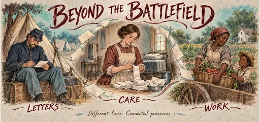 Turquoise and burgundy hand-drawn vignettes of a soldier writing home, a woman rolling bandages, and a Black woman and child loading produce, connected by letters to show different wartime lives and pressures.