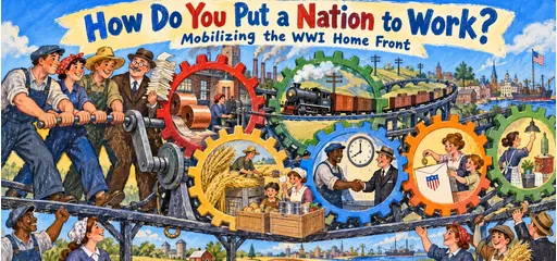 Wax-crayon comic of workers turning interlocking gears for copper production, freight trains, food conservation, bonds and labor arbitration during First World War mobilization.