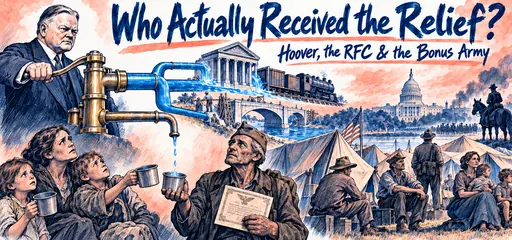 Hand-drawn Hoover pumps institutional credit toward a bank, railroad, and public bridge while a family and veteran wait beneath a dripping household tap, beside the Bonus Army camp at Anacostia.