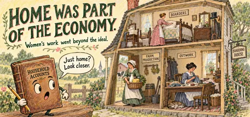 Yellow and forest-green pencil comic of an expressive household account book beside a historical house cutaway showing women’s farm production, outwork and boardinghouse labor.
