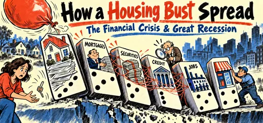 Hand-drawn comic of linked dominoes showing housing and mortgage risk spreading through securities, credit, jobs, and a neighborhood storefront.