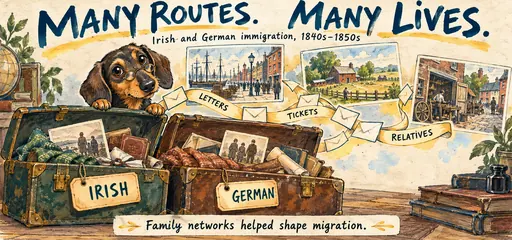 Hand-drawn comic of Irish and German travel trunks, letters, tickets, and relatives connecting port, farm, and workshop scenes.