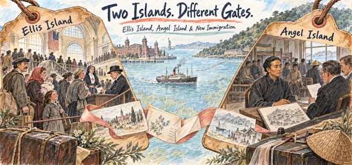 Graphite and colored-pencil travel-journal comic contrasting a family inspection at Ellis Island with a Chinese immigrant’s detailed interview at Angel Island, joined by a steamship, letters, and luggage.