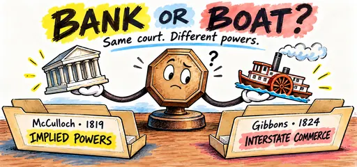 Hand-drawn comic stamp compares a bank for McCulloch (1819), implied powers, with a steamboat for Gibbons (1824), interstate commerce.