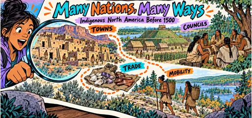 Hand-drawn comic of a student exploring diverse Indigenous North American towns, councils, shell and copper trade, and seasonal mobility before 1500.