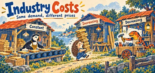 Risograph comic puffin, hedgehog and salamander compare constant, increasing and decreasing industry costs.