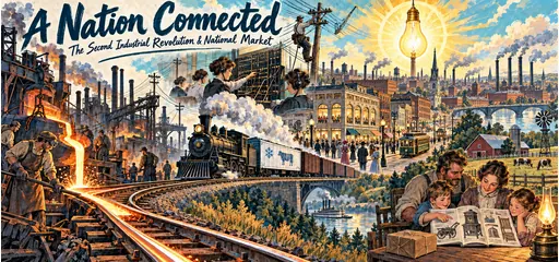 Indigo-ink and gouache comic connecting steel production, a refrigerated freight train, telephone operators, electric streetcars, a generating station, and a rural family choosing goods from a mail-order catalog.
