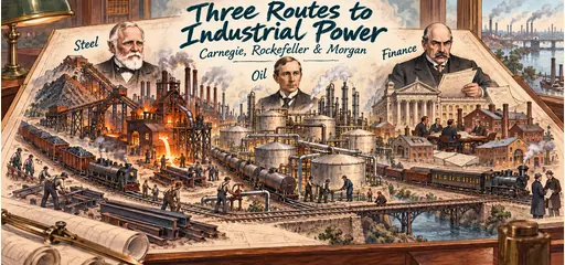 Hand-drawn industrial cutaway comic showing Carnegie’s integrated steel operations, Rockefeller’s oil refineries and transport network, and Morgan’s financial reorganization and board control, with workers and railways connecting the systems.